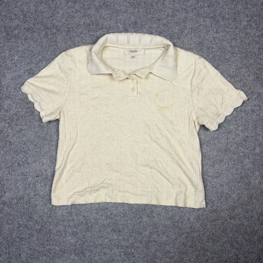 Atelier by Kirious Cream Ribbed Pointelle Polo Top Scalloped Sleeve Large